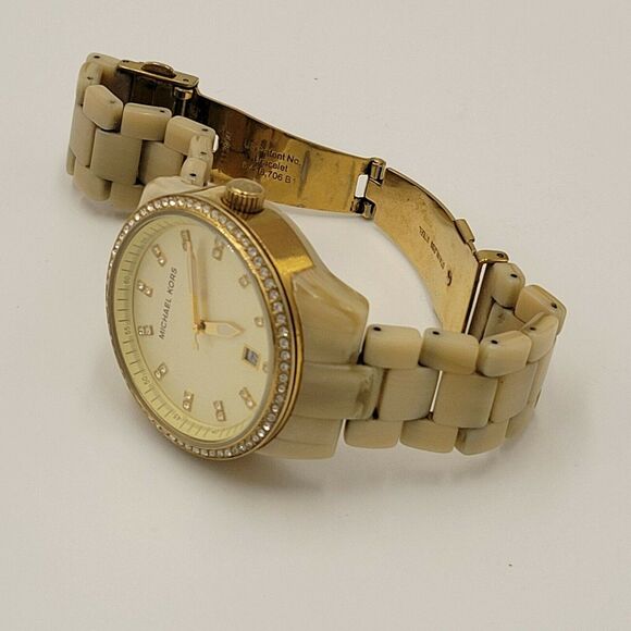 Michael Kors Womens Watch Blonde Tortoise Gold Ceramic Analog Dial Wristwatch - Picture 2 of 4